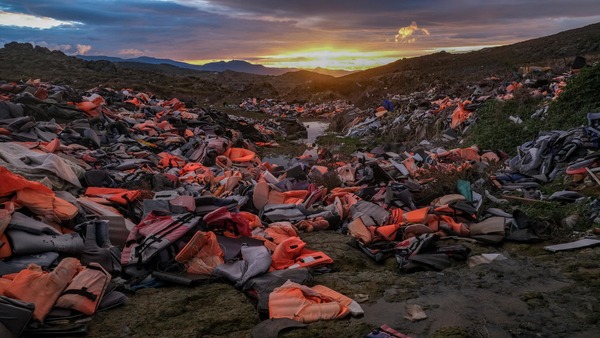 Life vests lefts on the ground in the mountains 