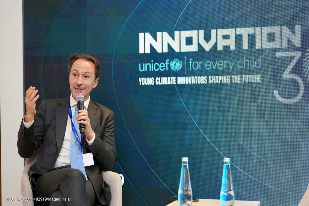 On 4 December 2023 during the 2023 UN Climate Change Conference (COP28) at Expo City Dubai in the United Arab Emirates, Thomas Davin, Director of the UNICEF Office of Innovation, speaks during a conversation to launch ‘Innovation30: Young Climate Innovators Shaping the Future’.