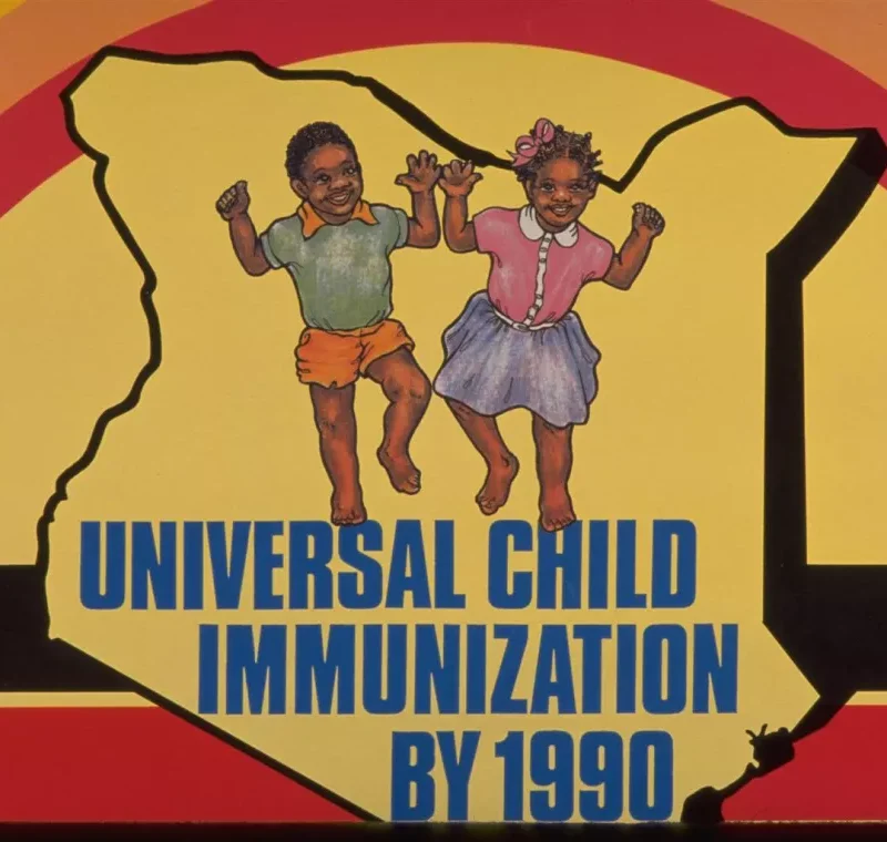 Kenya, 1990: A poster featuring a map of Kenya with a dancing boy and girl, used as part the global campaign led by UNICEF and the World Health Organization (WHO) in the mid-1980s to achieve Universal Child Immunization.