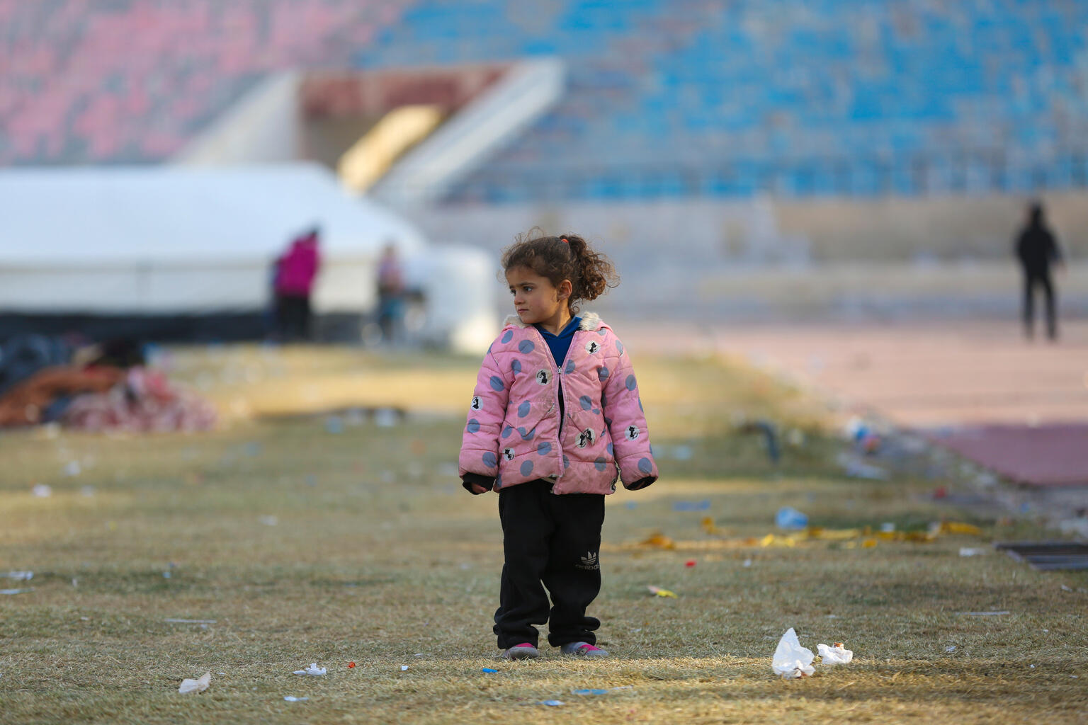 A young girl at a shelter in Ar-Raqqa city - Syria, after fleeing conflict.