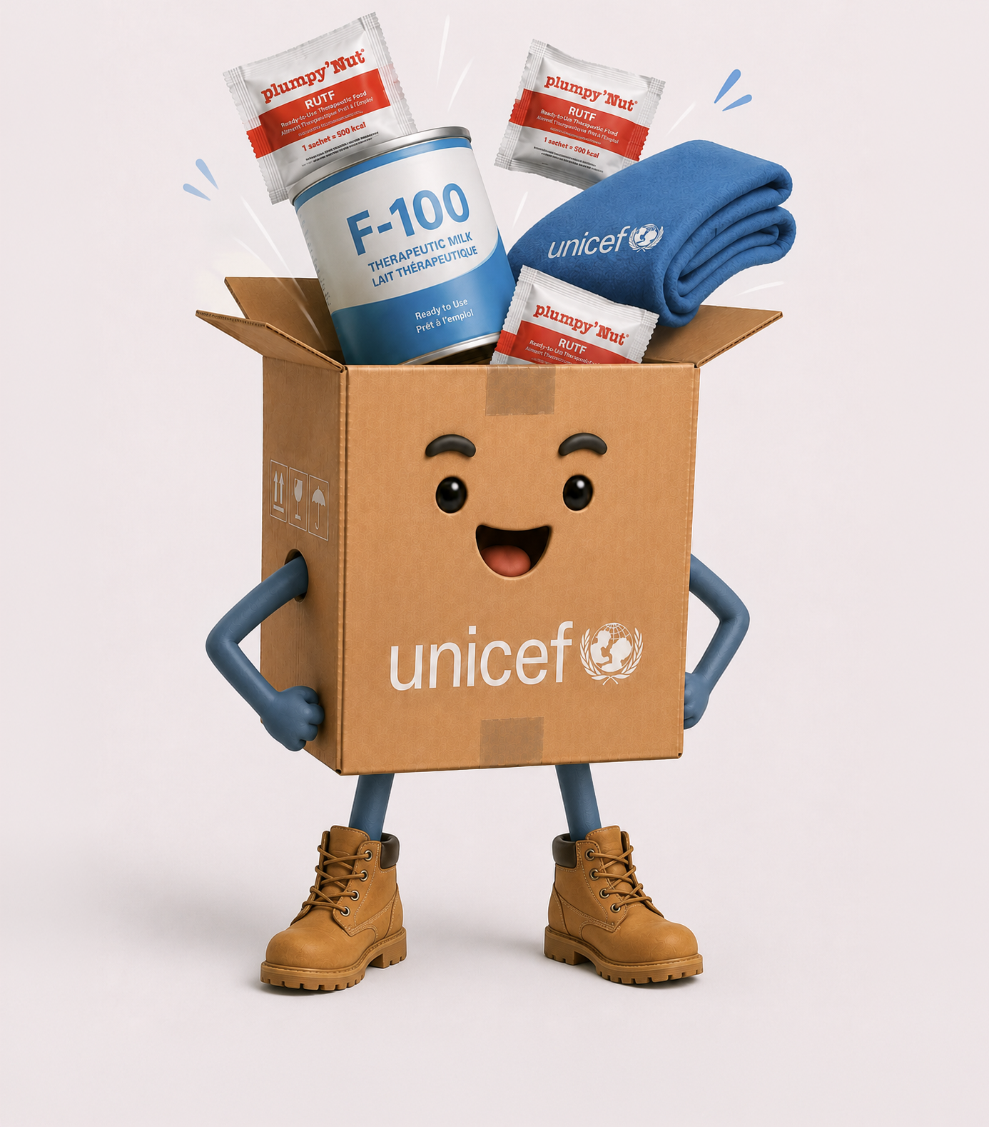 Boxie looking determined and filled with supplies for children.