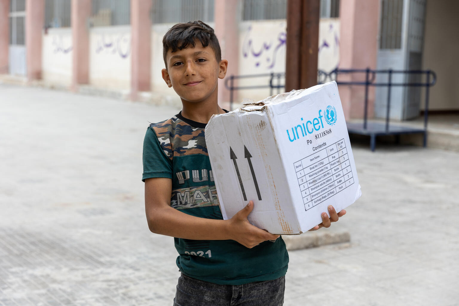 A child holding a UNICEF box.